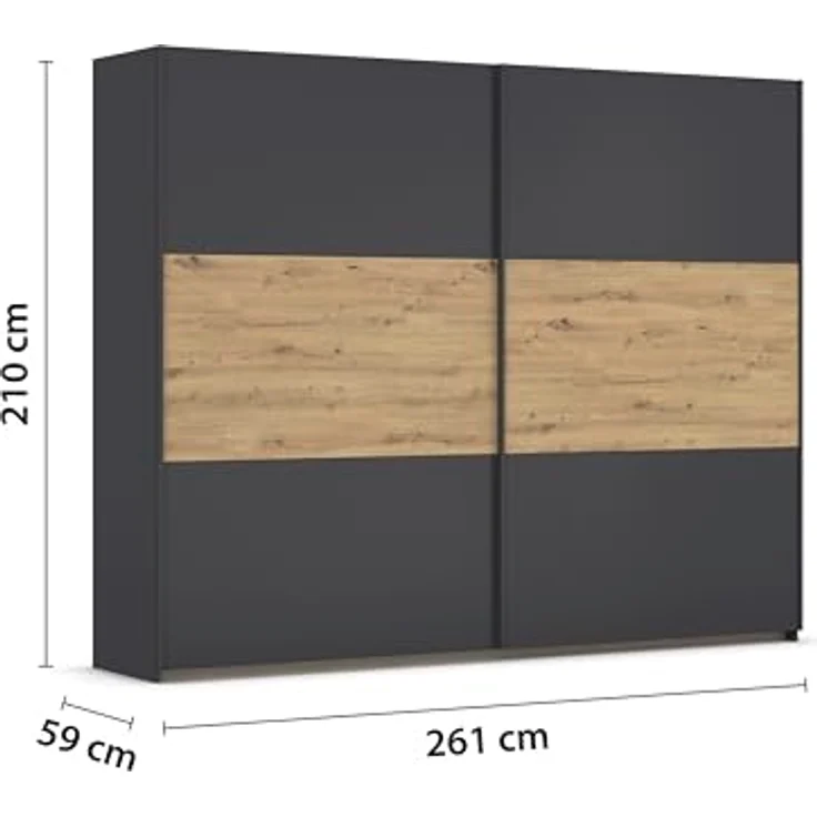 Rauch Möbel Neo, Schwebetürenschrank, Kleiderschrank, Kleiderschränke, Garderobe, Schrank mit Stauraum, 2-türig, Farbe Grau-metallic/Eiche Artisan, 261 x 210 x 59 cm – Bild 4