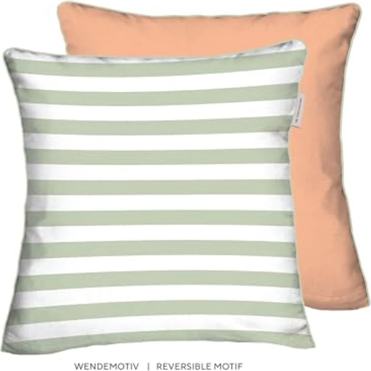 TOM TAILOR Perkal-Kissenhülle, 40x40 cm, 100% Baumwolle, Wendemotiv mit farbiger Paspel, STRIPES WITH A KICK, Hellgrün & Pfirsich (Green Leaf & Juicy Peach) – Bild 2