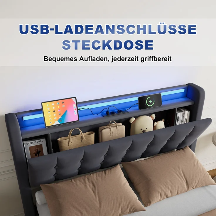 Polsterbett 140 x 190 cm, Samt, mit Bettkasten, Schubladen, USB-Anschluss und LED-Beleuchtung, Dunkelgrau – Bild 9