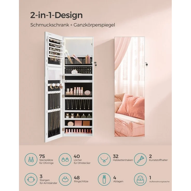 SONGMICS Schmuckschrank 140 cm hoch, Schmuckorganizer mit beleuchtetem Innenspiegel, Spiegelschrank wand- oder türmontiert, abschließbar, Geschenkidee, wolkenweiß JJCDE032W01 – Bild 3