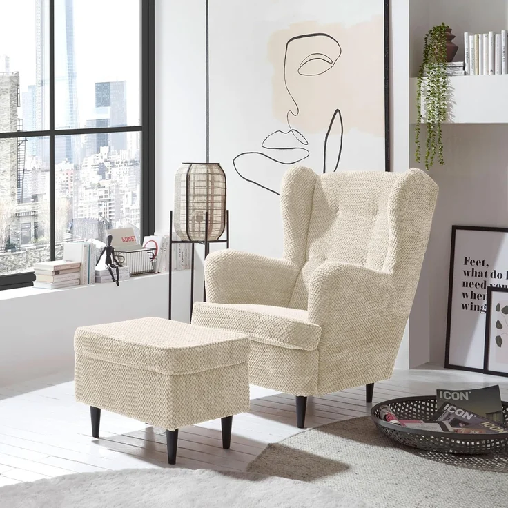 OSKAR Ohrensessel mit geknöpfter Polsterung, Ivory - Vintage Wohnzimmer Sessel mit Massivholz Füßen - 78 x 102 x 98 cm (B/H/T) – Bild 4