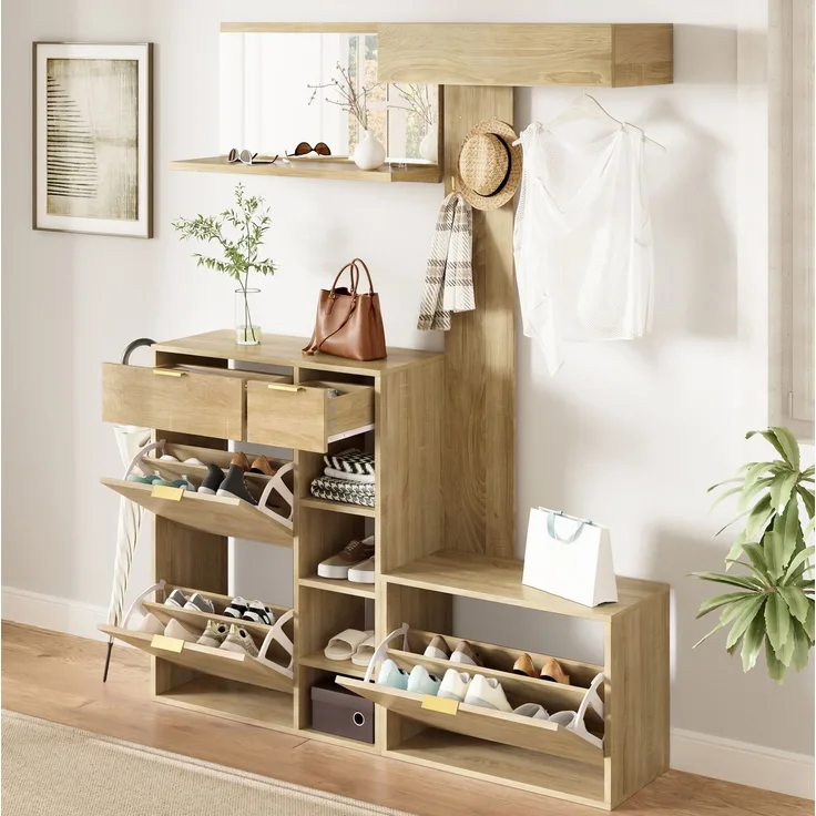 CHICFURN Schrank 130x174x30 cm mit Schuhschrank und Sitzbank – 4-tlg. Garderobenset Natur
