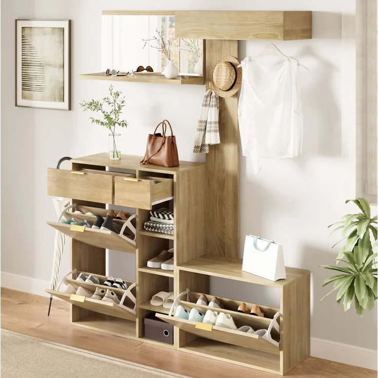 CHICFURN Schrank 130x174x30 cm mit Schuhschrank und Sitzbank – 4-tlg. Garderobenset Natur – Bild 1