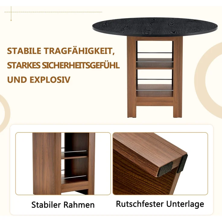 Esstisch 100x100x76 cm in Walnuss-Optik mit schwarzer Strukturplatte und offenen Stauraumfächern – Bild 9