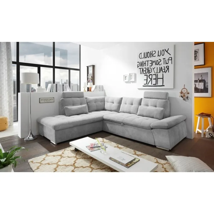 Ecksofa Couch NALO Sofa Schlafcouch Bettsofa silber hellgrau L-Form links