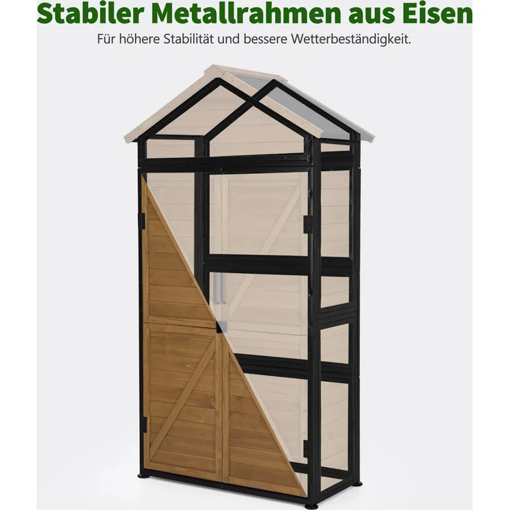 M MCombo Gartenschrank Gartenhaus Holz Metgallgestell Wetterfest, Gerätehaus Outdoor, für Außenbereich Garten Terrasse, Geräteschuppen mit 2 Bewegliche Regale, 2736 (Natur) – Bild 3