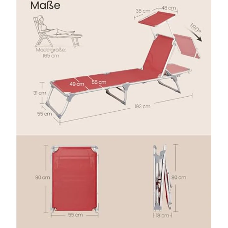 SONGMICS Sonnenliege, klappbarer Liegestuhl, 193 x 55 x 31 cm, max. Belastbarkeit 150 kg, mit Sonnenschutz, verstellbare Rückenlehne, für Terrasse Pool Garten, rot GCB19RD – Bild 3