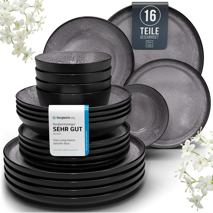 Steingut Geschirrset 4 Personen Ibiza 16 tlg. TESTSIEGER, Traumhaftes Mediterranes Steingut Geschirr Set, Schüssel- und Teller Set, Tafelservice 4 Personen, Geschirrsets Pure Living in Grau
