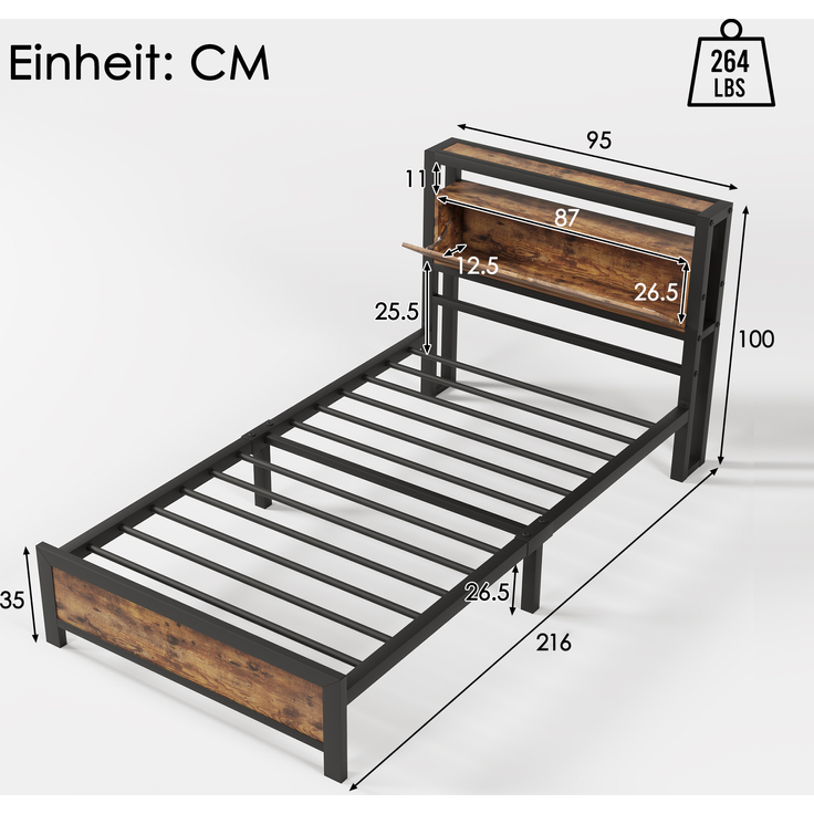 Metallbett mit Stauraum-Kopfteil & Lattenrost, 100x216x95 cm, Natur, ohne Matratze – Bild 4