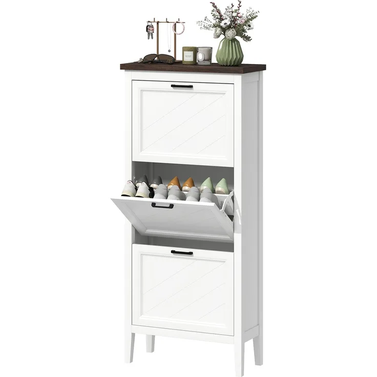 Wohnora-Schuhschrank für 18 Paar Schuhe, schmaler Schuhschrank mit 3 Klappschubladen und verstellbaren Einlegeböden, weiß,H 1337cm x T 600cm x B 265cm,MDF