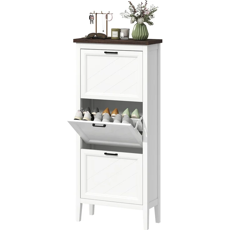 Wohnora-Schuhschrank für 18 Paar Schuhe, schmaler Schuhschrank mit 3 Klappschubladen und verstellbaren Einlegeböden, weiß,H 1337cm x T 600cm x B 265cm,MDF – Bild 1