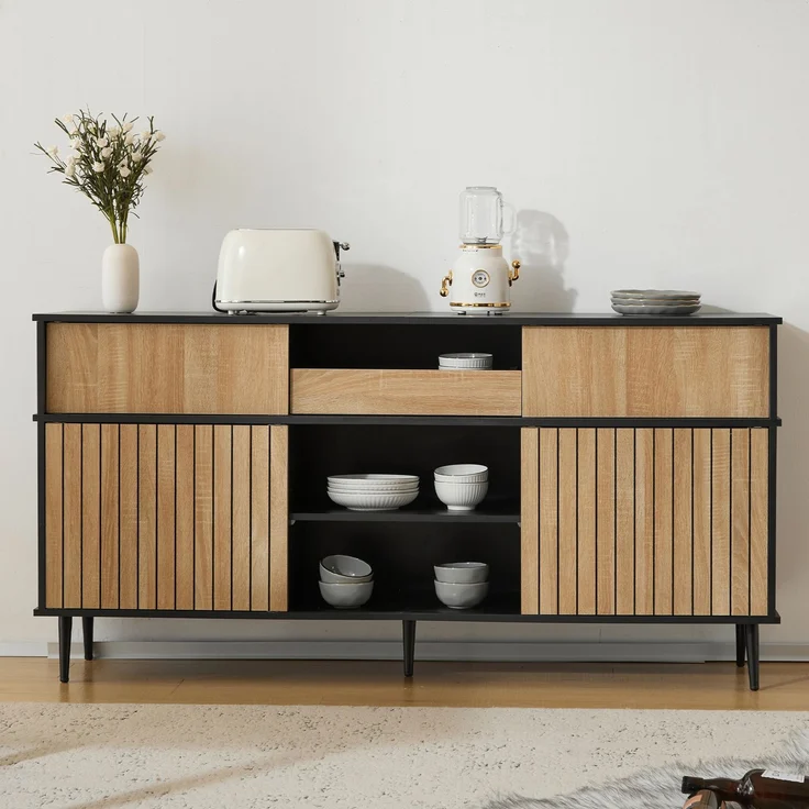 Schrank Eiche Natur und Schwarz, Sideboard mit Schiebetüren,verstellbare Regale,Sicherheits-Kippsicherung – Bild 2