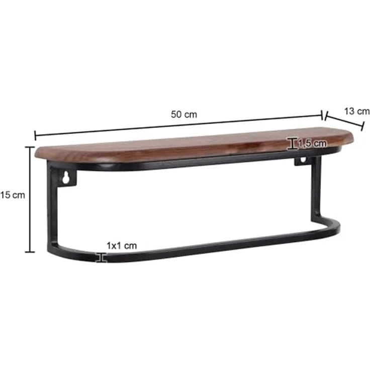 FineBuy Wandregal 50x15x13 cm Sheesham Massivholz / Metall Hängeregal Industrial, Kleines Design Schweberegal Rechteckig, Regal Hängend Wohnzimmer, Akzentregal Wand – Bild 4