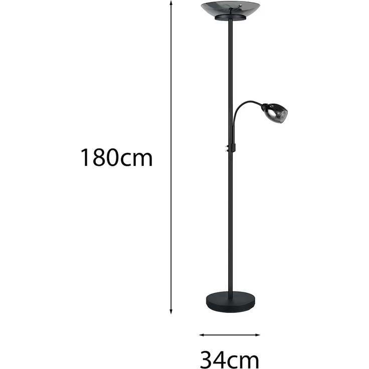 Deckenfluter GERRY mit Flex Leselampe, Schwarz & Glas Chrom, Höhe 180cm – Bild 4