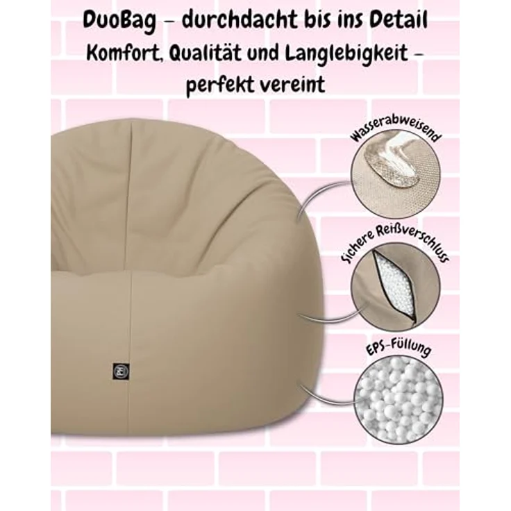 PATCH HOME 2-in-1 Sitzsack Sessel - Gaming Bean Bag mit Reißverschluss - Bereits befüllt, Ergonomisch & Robust für Kinder & Erwachsene - Indoor & Outdoor, Wetterfest (Beige, 155cm) – Bild 5