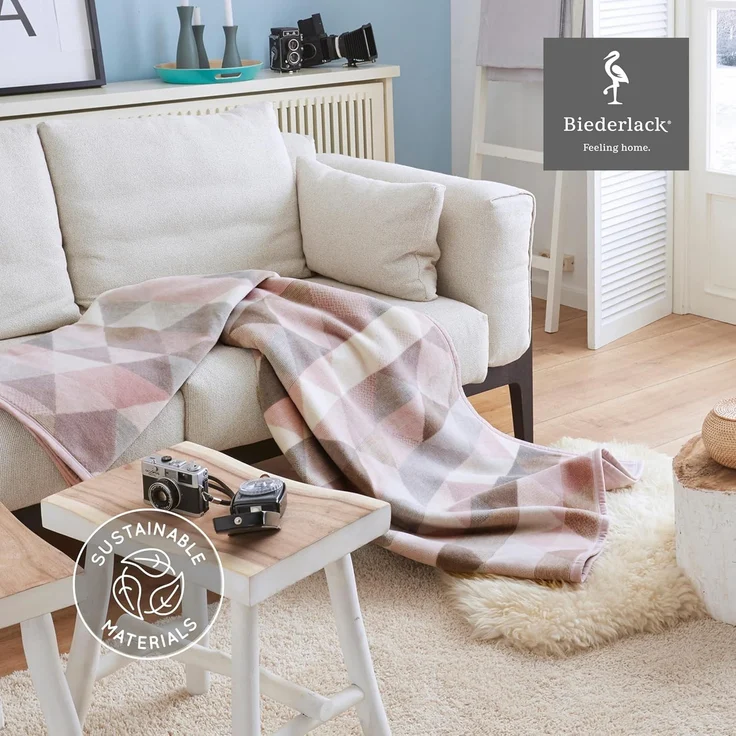 Wohndecke Rauten Pastell, rosa Kuscheldecke in 150x200 cm, Biederlack, Decke aus Baumwollmischgewebe, Made in Germany – Bild 3