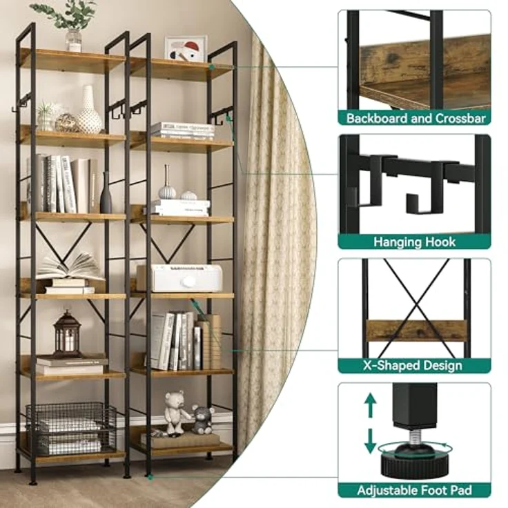 YITAHOME Bücherregal mit 6 Ebenen, Industrielles Standregal, Metallrahmen und Holzregale, Hohes Lagerregal mit 4 Haken, Präsentationsorganizer, für Wohnzimmer, Heimbüro, Vintagebraun Regal – Bild 7