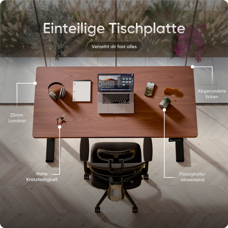 DESKSPACE PRO Plus Elektrisch höhenverstellbarer Schreibtisch, 160x80 cm Stehpult mit Memory-Funktion, Mahagoni Tischplatte, Schwarzes Gestell – Bild 8