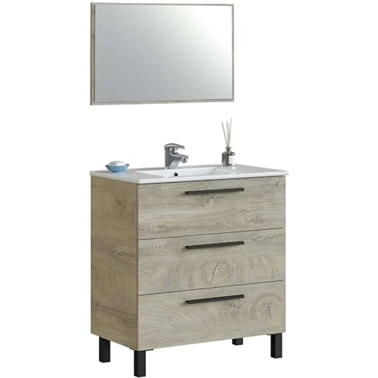 ARKITMOBEL, Waschbeckenunterschrank mit 3 Schubladen & Spiegel – Badezimmermodul mit Füßen in Eiche Alaska, modernes Badmöbel, Maße: 80 x 86 x 45 cm (B x H x T), Modell Athena (ohne Waschbecken)