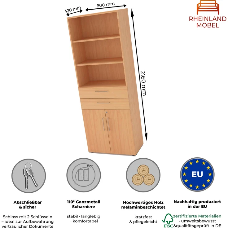 Rheinland Möbel Flügeltürenschrank Cabino 80×42×216 cm – abschließbarer Aktenschrank 2OH mit 2 Schubladen & Regalaufsatz 3OH in Buche mit 110° Drehtüren & Metallgriff – Bild 2