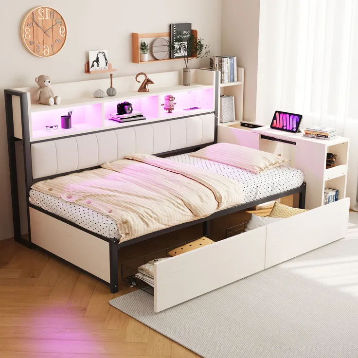 Bett 90x200 cm mit Stauraum und ausklappbarem Schreibtisch – Weiß, Metall & Holz