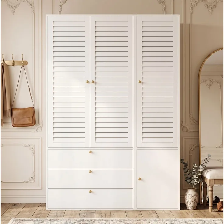 CHICFURN Kleiderschrank 135x200x50 cm mit 3 Lamellentüren und 3 Schubladen – Weiß
