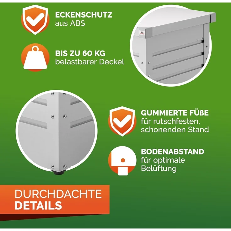 Gardebruk Gartentruhe aus pulverbeschichtetem Metall, 360L, abschließbar, weiß, 120 x 62 x 63 cm – Bild 6