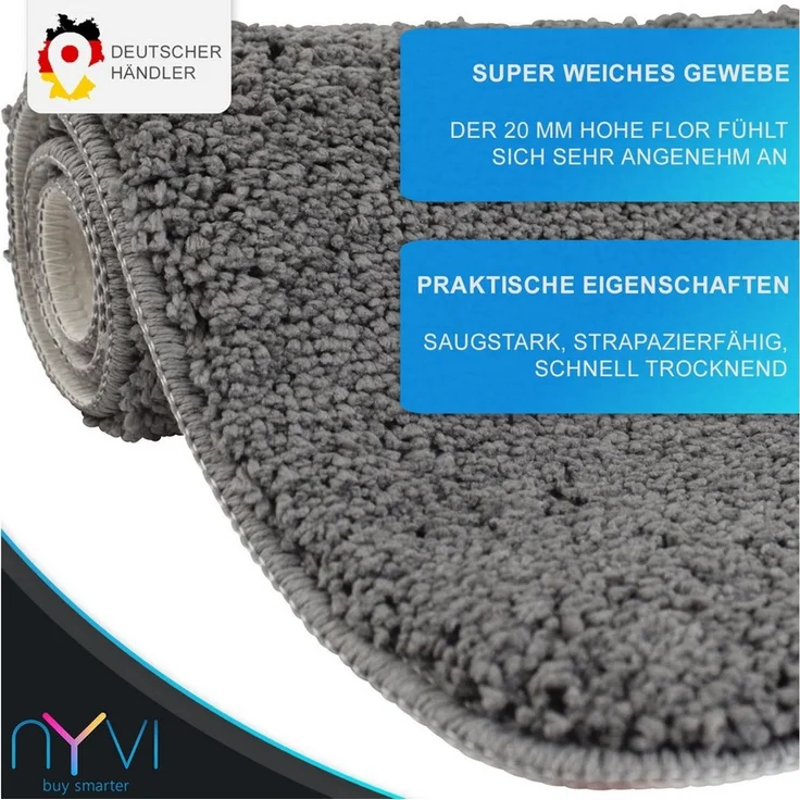 NYVI Badematte Badematte Rund 60cm NYVISpa Lasalle Grau Badezimmerteppich, Höhe 20 mm, Polyester, Rutschfest, Saugstark, Schnell Trocknend, Fußbodenheizung geeignet – Bild 2