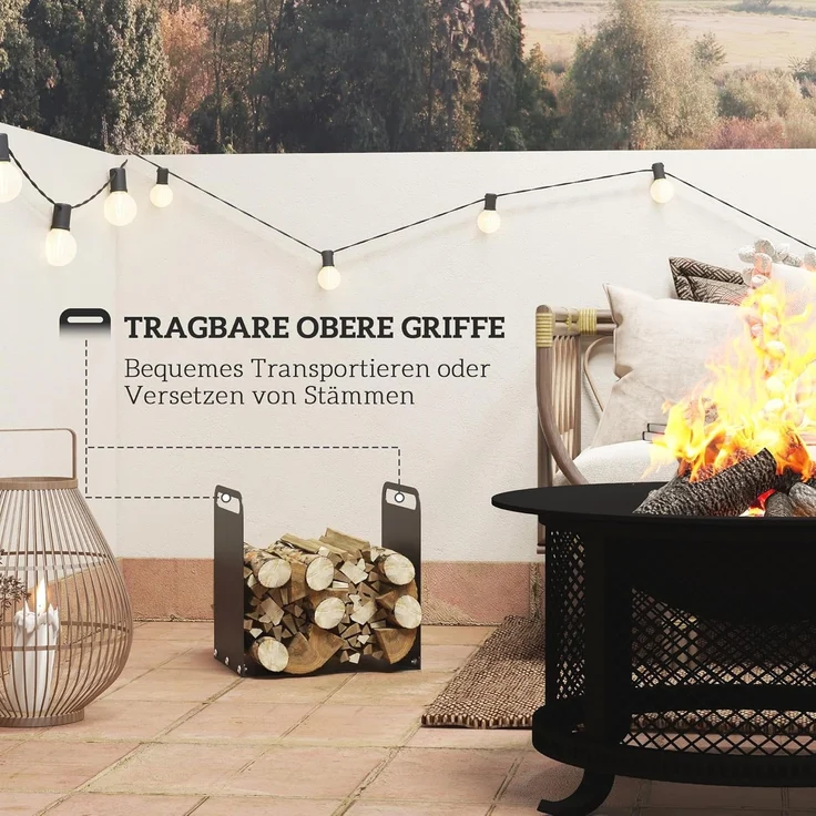 Outsunny Kaminholzregal mit Griffe, BxTxH:36.5x30x90 cm, (Feuerholzregal, 1-St, Brennholzregal), für Outdoor, Indoor, bis 30 kg, Stahl, Schwarz – Bild 3