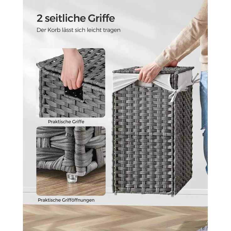 Songmics Wäschekorb handgeflochten, Rattan Grau, 90L 46 x 33 x 60 cm – Bild 2