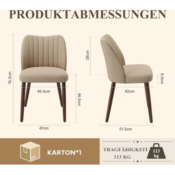 MALOL Esszimmerstühle 2er Set, Polsterstühl mit Rückenlehne, Ergonomisch Gepolsterte Küchenstühle mit vertikaler Rillenlehne, Moderne Esszimmer Stühle für Esstisch Wohnzimmer Café Restaurant, Kamel – Bild 2