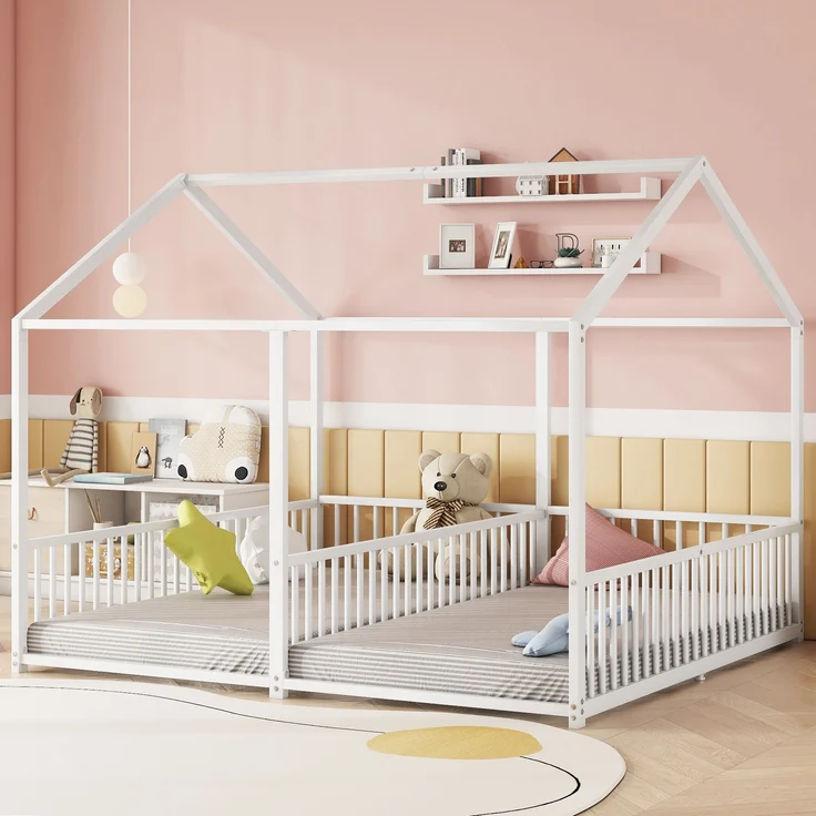 Hausbett Kinder Etagenbett 90x200cm Metallbett mit Geländer und Leiter,Zwillingsbett Doppelbett für Kinderzimmer, stabiler Metallrahmen,Weiß – Bild 2