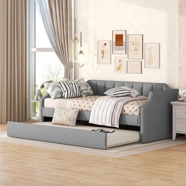 90 x 200(190) DAY-Betten, Gepolstertes Einzeltagesbett mit Rollbett, Grau – Bild 2