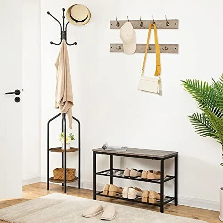 HOOBRO Garderobenständer, Garderobe mit 2 runden Ablagen, Kleiderständer mit 8 Haken, 183 cm Hoch, Industrie-Stil, Stahlgestell, multifunktional, für Kleidung, Schals, Hüte, Taschen EBF81YM01 – Bild 7