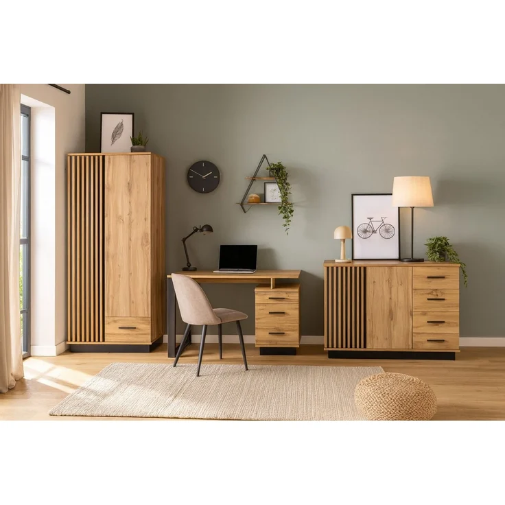 Deine Möbel 24 Schreibtisch LAMI 8 Kinderschreibtisch 135 cm mit 3 Schubladen & 2 Fächern (Stil: Loft / Industrial / Scandi, 1-St, LAMI - Kollektion), Bürotisch in Wotan Eiche & Schwarz Matt mit Metallgestell – Bild 3