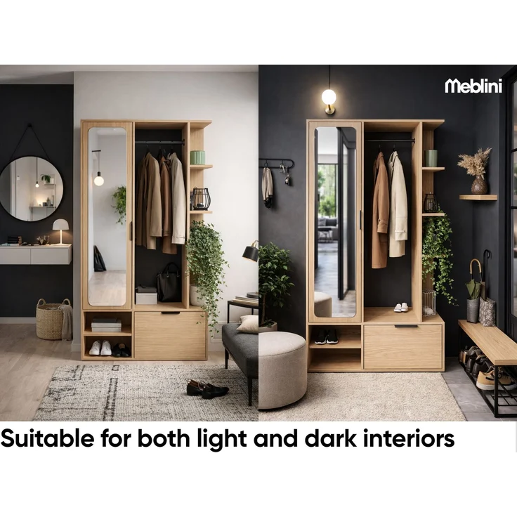 MEBLINI Garderobenschrank NADIA 100cm - Bookmatch Eiche - mit Spiegel - 100x33x190cm R/L - Garderobe Schrank - Flurgarderobe schmal - Garderobe Flur Möbel Set - Flurschrank hoch – Bild 5