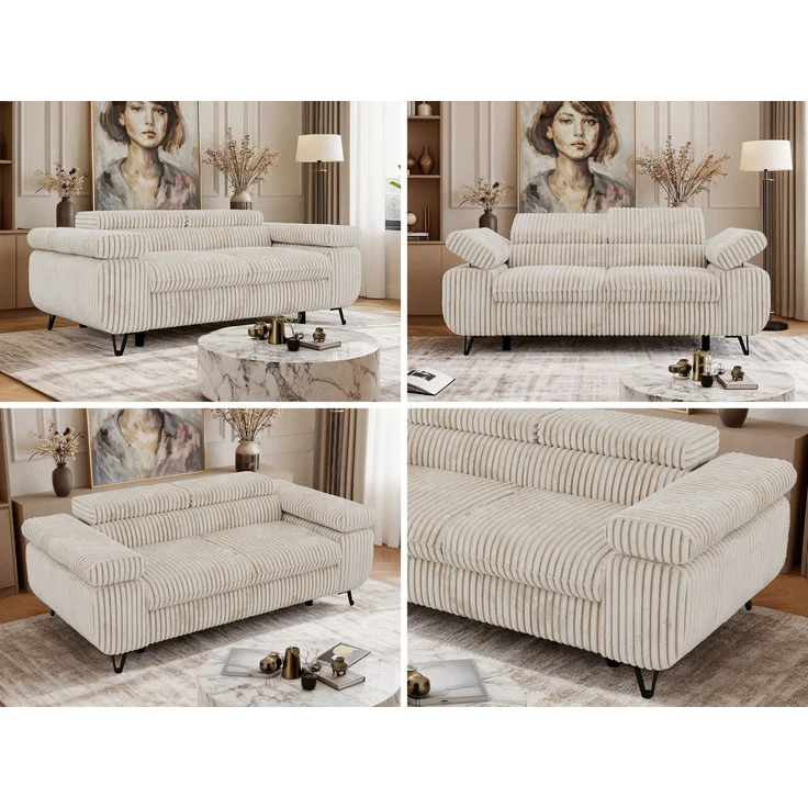 2-Sitzer Polstercouch PETER mit verstellbaren Armlehnen und Kopfstütze, Gepolsterte Couch, Wellenfeder - Beige Cord – Bild 2