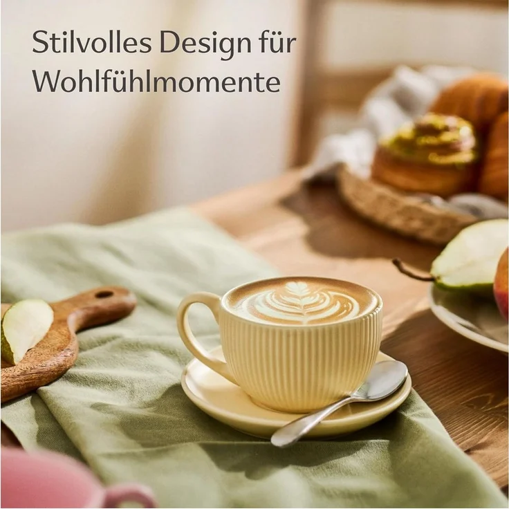 Cosumy Cappuccinotasse 6er Set mit Untertassen - 200 ml Kapazität - mattes Streifendesign, 12-tlg, Keramik, matt - spülmaschinenfest - mikrowellengeeignet - modernes Design – Bild 2