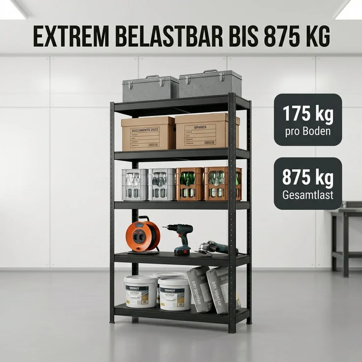 SR2B Premium Schwerlastregal Schwarz – 875 kg belastbar, wasserfest, matte laminierte Böden, 5 verstellbare Ebenen, teilbares Steckregal 180x90x40 cm – Bild 4