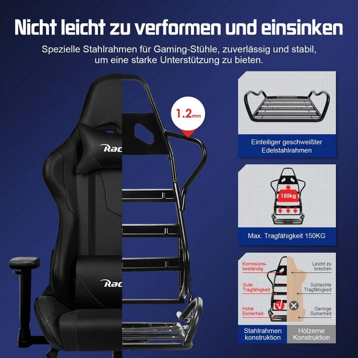 Adormii Gaming-Stuhl Gaming Stuhl ergonomisch Gaming Chair Bürostuhl verstellbare (Gaming Stuhl mit verstellbaren Lendenkissen, Armlehne und Kopfstütze, Gamer Stuhl Bequeme Sitzkissen), gepolsterter Gaming-Stuhl, bis 150 kg Belastbarkeit, mit Wippfunktion – Bild 3