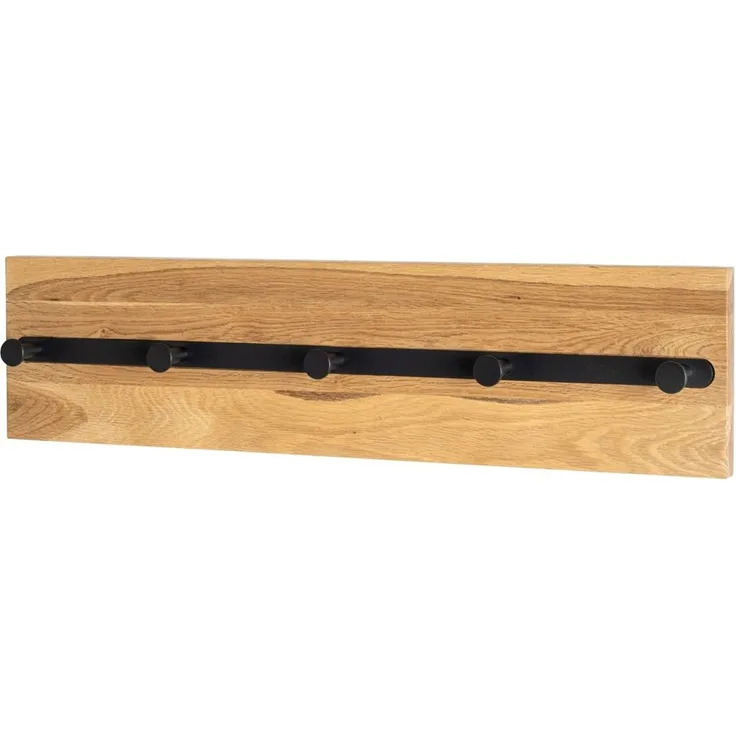 Haku Wandgarderobe aus Eiche massiv geölt mit 5 Metallhaken schwarz pulverbeschichtet, 60x6x15 cm