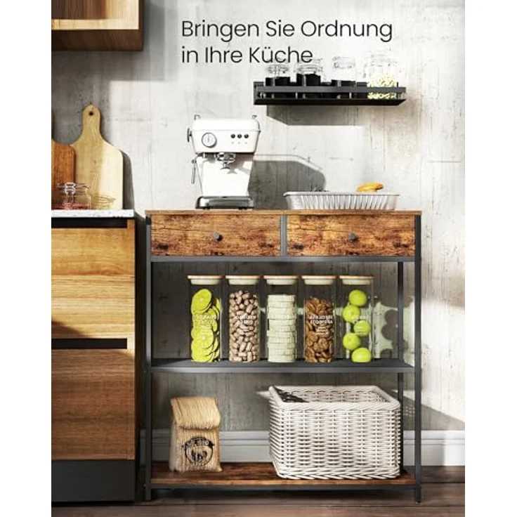 VASAGLE Konsolentisch schmal, Beistelltisch mit 2 Stoffschubladen, Flurtisch, 24 x 76 x 80 cm, für Flur, Wohnzimmer, vintagebraun-tintenschwarz – Bild 8