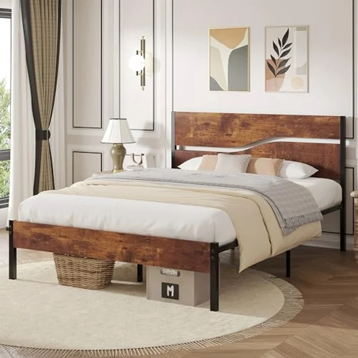 VECELO Bettgestell 140 x 200 cm, Metallbett mit Doppelschicht Holzkopfteil und Lattenrost, Modern Gästebett Jugendbett mit Stauraum Unter Dem Bett, Perfekt für Schlafzimmer, Braun – Bild 3
