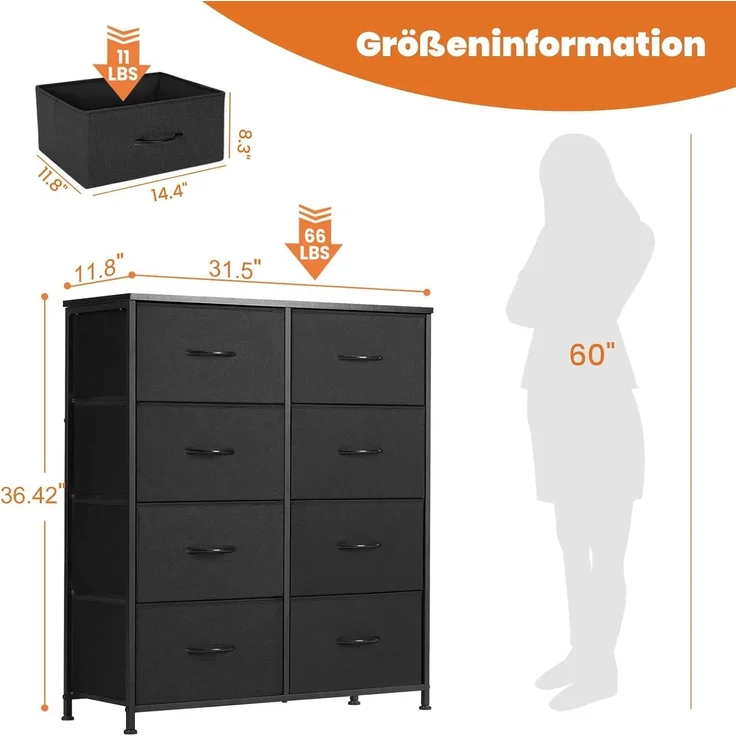 Sweetcrispy Kommode,Sideboard Wohnzimmer für Schlafzimmer mit 8 Stoffschubladen,Einstellbare Füße Schubladenschrank,Komodenschrank für Schlafzimmer,Klassisch Schwarz – Bild 3