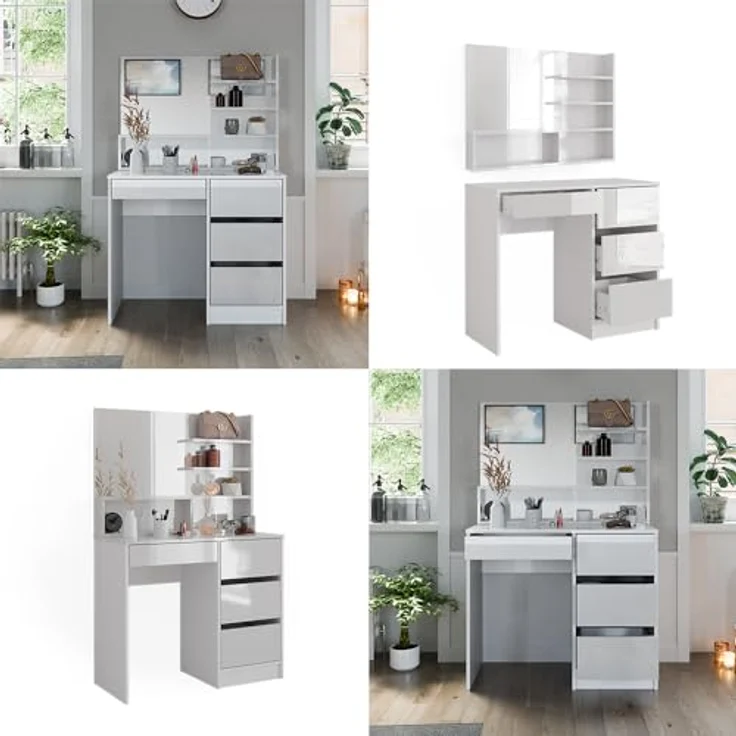 Vicco Schminktisch Sherry, Weiß Hochglanz, mit Spiegelregal, 4 Schubladen, 9 Fächer, 90x75x40 cm – Bild 8