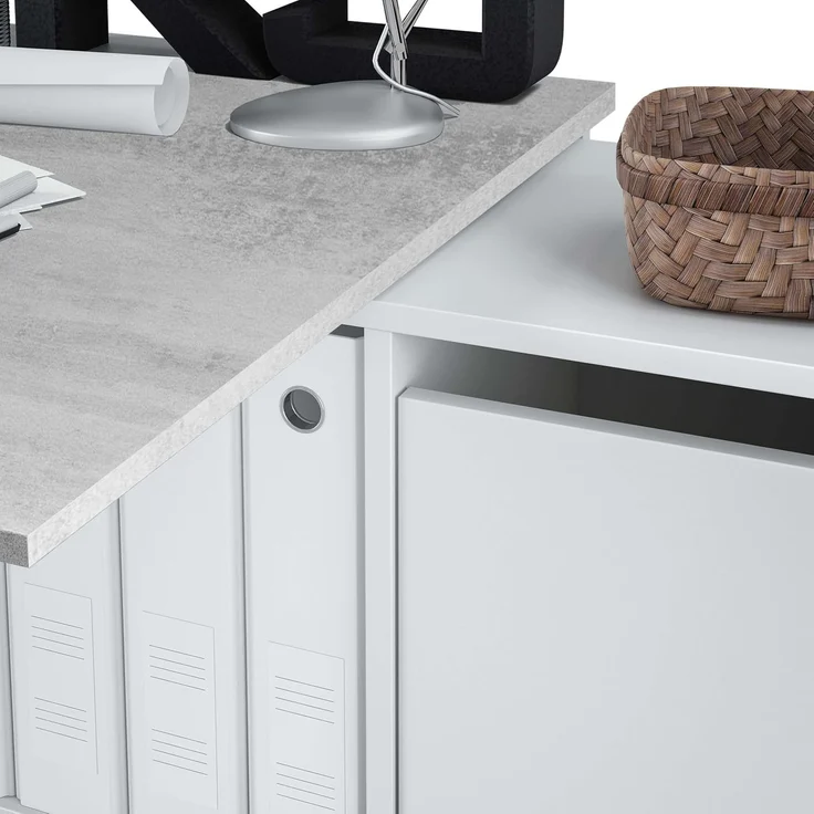 Habitdesign, Schreibtisch – flexibler PC-Tisch in Artik weiß und Zementgrau, rechts, links oder gerade aufstellbar, Maße: 136–203x66–139x74 cm (B x H x T), ideal für Homeoffice, Modell Adapta Plus – Bild 9