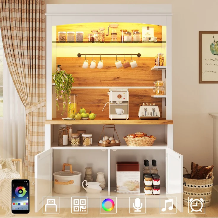 EINHOM Hochschrank mit LED-Beleuchtung & Glasregal, 184 cm hoher Buffetschrank mit Hakenleiste, Weiß, Belastbar bis 60kg – Bild 1