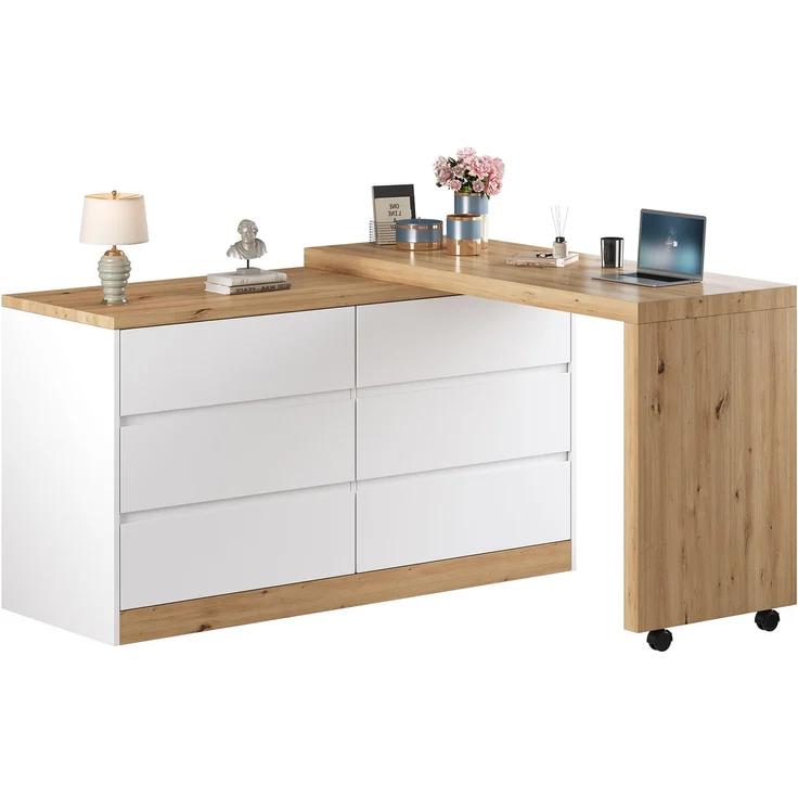 ZUBALIYA Schreibtisch mit feststellbaren Rollen – multifunktionales Design, 4 cm dickere, drehbare Tischplatte, fest arretierbar, weiß/Eiche, Faltbarer Schreibtisch, Eckschreibtisch, Sideboard,Dicke Materialie – Modell N880P4642189O – Bild 8