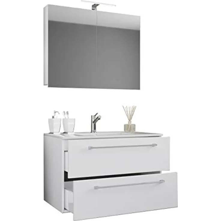 VCM Badmöbelset Badinos 3-tlg. mit Waschplatz, 2 Schubladen Unterschrank, Keramikwaschbecken und Spiegelschrank aus ESG-Sicherheitsglas