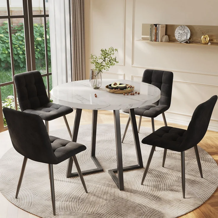 Esszimmer-Set 5-tlg Runder Tisch 80 cm Durchmesser Marmor Spanplatte Mit 4 Samt Stühlen Metallgestell Verstellbare schwarze Beine – Bild 1